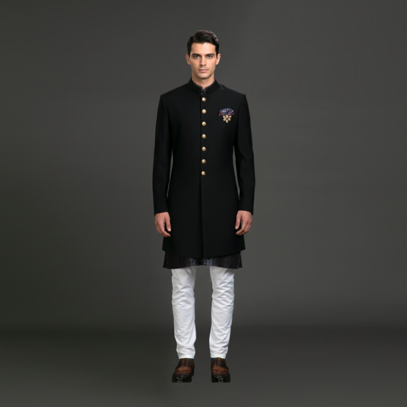 Regal Black Classic Midthigh Achkan